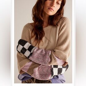 We The Free Finish Line Cuff  Chic Knit Sweater with Colorful Sleeves